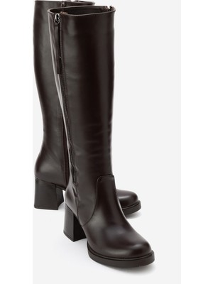 Luvi Lensa Kahverengi Cilt Hakiki Deri Fermuarlı Kadın Kalın Topuklu Çizme