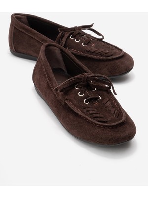 Luvi Lorven Kahverengi Süet Hakiki Deri Bağcıklı Kadın Loafer Ayakkabı