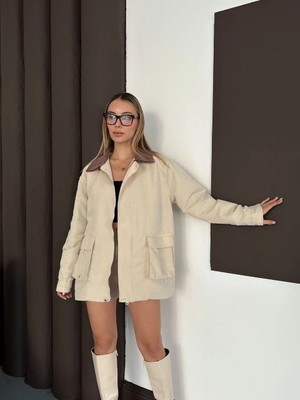 OEY Fashions Astarlı Yaka Detaylı Artos Ceket Bej ST2651019