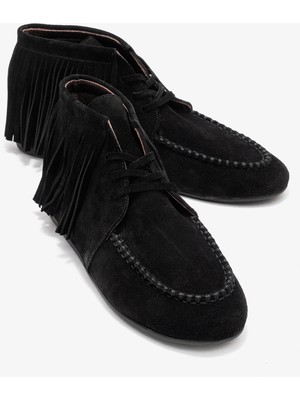 Luvi Raux Siyah Süet Hakiki Deri Saçaklı Kadın Bilekte Bot