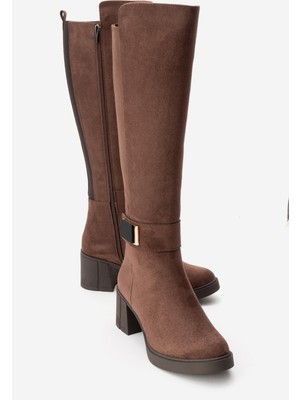Luvi Moreni Kahverengi Süet Streç Detaylı Tokalı Kadın Kalın Topuklu Çizme