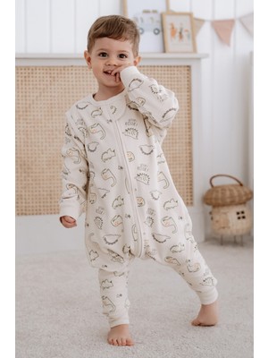 Lilabio 4 Mevsim Uyku Tulumu %100 Doğal Pamuk Ekru Renkli Uzun Kol Unisex Grafik Desenli