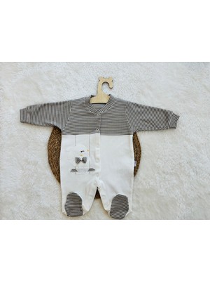 Gaye Tavşan Nakışlı Çizgili Bebek Tulum – Ayaklı Çıtçıtlı Uzun Kollu Yenidoğan Tulum