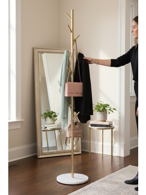 Metal Ayaklı Askılık Elbise Askısı Portmanto (Beyaz-Gold)