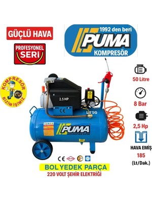 Puma 50 lt Yağlı Hava Kompresörü 50 litre kompresör 5 metre Hava hortumu ve Hava Tabancası HEDİYE