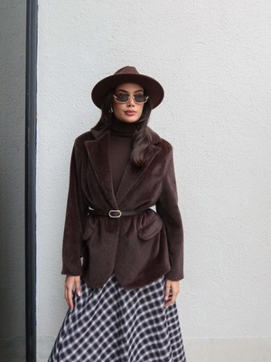 Esra Helvacı Kemerli Peluş Blazer Ceket