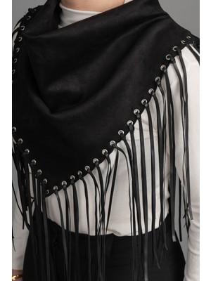 MissVina Süet Deri Püsküllü Omuz Şalı | Şık ve Modern Kadın Şal Modeli 9912