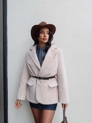 Esra Helvacı Kemerli Peluş Blazer Ceket