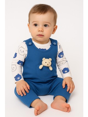 Dinamik çocuk Ayı Nakışlı Erkek Bebek Tulum Seti 3’lü - Zıbın, Tulum ve Çorap 3-6-9 Ay