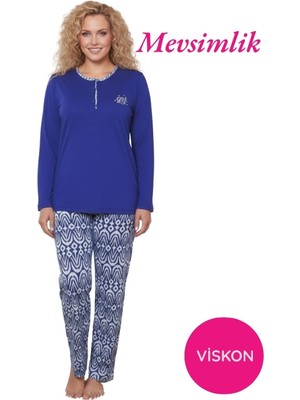 Kadın Etnik Desenli 3 Düğmeli Likralı Viskon Mevsimlik Uzun Kol Pijama Takımı