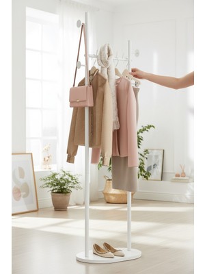 Metal Iskeletli Ayaklı Askılık Elbise Askısı Portmanto Konfeksiyon Elbise Askılığı (Beyaz)