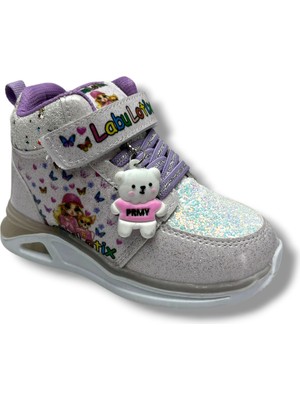 Bolimex 3650-26 Simli Rugan Deri Baskılı Anatomik Işıklı Makotlu Kız Çocuk Bot Buz Gri Lila 26-30