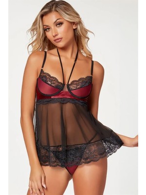 MOTTO10 Butik Bordo Dantel Işlemeli Fantezi Gecelik