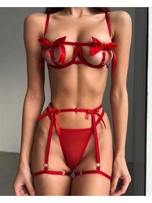 MOTTO10 Butik Özel Tasarım Kırmızı Kurdela Detaylı Jartiyerli Fantezi Sütyen String Takımı