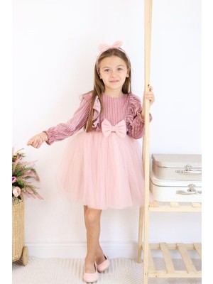 Serkon Pembe Fiyonklu Kadife Bebek Elbise Plise Fırfırlı Tüllü