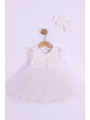Serkon Ekru Kalp Robalı Kız Bebek Elbise