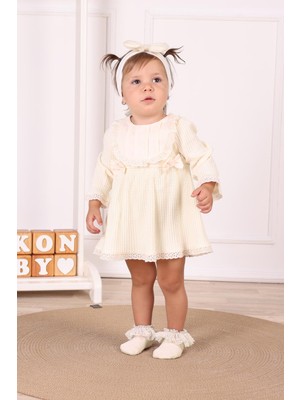 Serkon Bej Pile Yaka Detaylı Kız Bebek Elbise