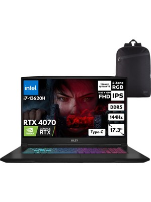 MSI Msı Katana 17 I7-13620H 48 -Gbddr5 1 Tbssd RTX4070 (8gb) 17.3" Fhd 144Hz Windows 10 Pro Gaming Laptop + Zg Sırt Çantası  B13VGK-1287XTRZGC40