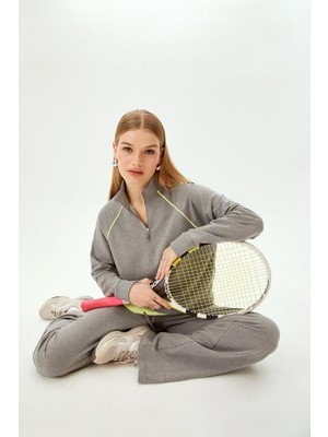 Allyco Sarı Paraşüt Kumaş Detaylı Dik Yaka Fermuarlı Örme Sweatshirt