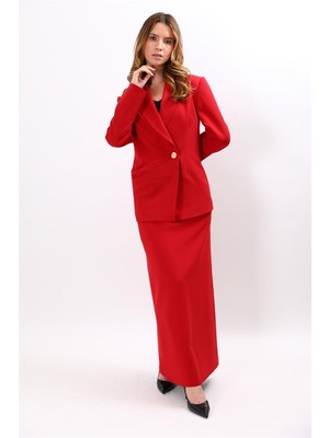 Önder Özsoy Erkek Yaka Asimetrik Ceket & Kemerli Kare Cepli Çan Etek-Kırmızı