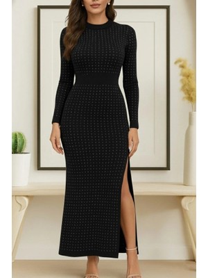 Çamaşır Kenti Kadın Uzun Kollu Bisiklet Yaka Taşlı Midi Kadife Elbise