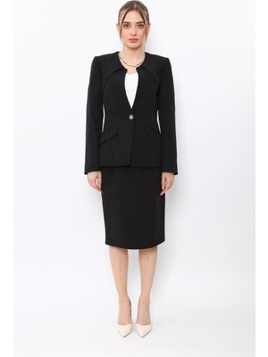 Önder Özsoy Sıfır Yaka Ön Robalı Ceket & Düz Dar Etek-Siyah
