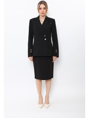 Önder Özsoy Erkek Yaka Kol Yırtmaçlı Ceket & Düz Dar Etek-Siyah