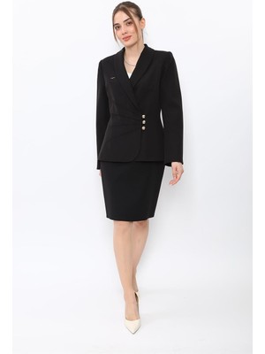 Önder Özsoy Şal Yaka Modelli Ceket & Yırtmaçlı Düz Dar Etek-Siyah