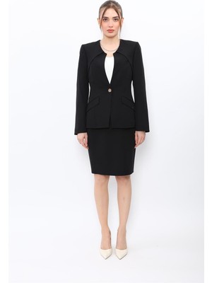 Önder Özsoy Sıfır Yaka Ön Robalı Ceket & Yırtmaçlı Düz Dar Etek-Siyah