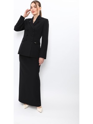 Önder Özsoy Erkek Yaka Blazer Ceket & Kemerli Kare Cepli Çan Etek-Siyah