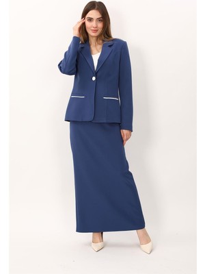 Önder Özsoy Erkek Yaka Konbinli Tek Düğme Ceket & Uzun Düz Dar Etek-Indigo