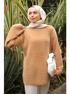 İmaj Butik Bisküvi Dik Yaka Angora Yumoş Triko Kazak