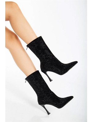 Les Passent Kadın Londen Siyah Süet Siyah Taş Işlemeli 9 cm Ince Topuklu Arkadan Fermuarlı Kısa Çizme-Bot