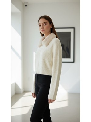 Aymiss Moda Yakası Kürklü,crop,fermuarlı Hırka/ceket