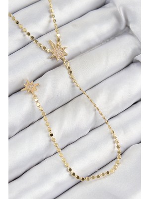 Clariss Pirinç Zirkon Taşlı Ezme Zincirli Kutup Yıldızı Model Gold Renk Y Kolye