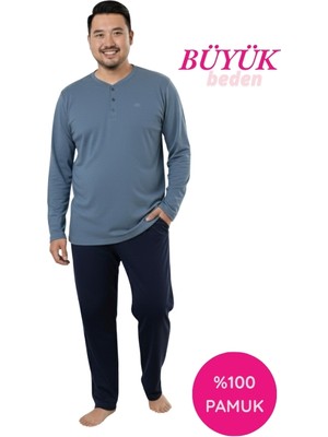 Bie's Erkek Füme Lacivert Büyük Beden 3 Düğmeli %100 Pamuk Mevsimlik Uzun Kol Cepli Pijama Takımı