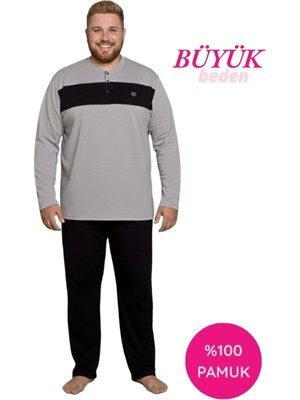 Guava Erkek Gri Büyük Battal Beden Desenli 3 Düğmeli %100 Pamuk Mevsimlik Uzun Kol Cepli Pijama Takımı