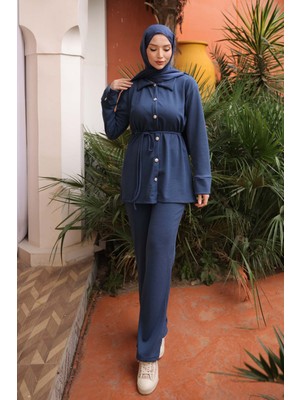 İmaj Butik İndigo Fitilli Bel Bağlamalıı Tunik Pantolonlu Takım