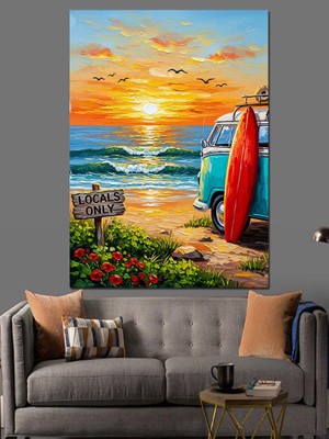 Karizma Tablo Gün Batımı Sörf Tahtası Dekoratif Kanvas - Mdf Ahşap Tablo
