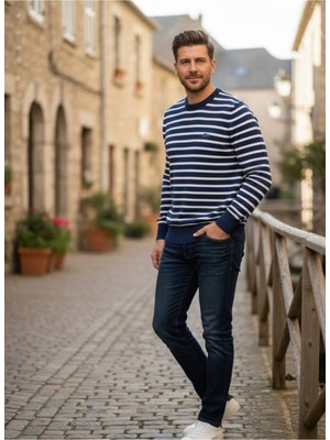 Yusgos Erkek Bisiklet Yaka Çelik Örgü Yüksek Kaliteli Çizgili Kazak