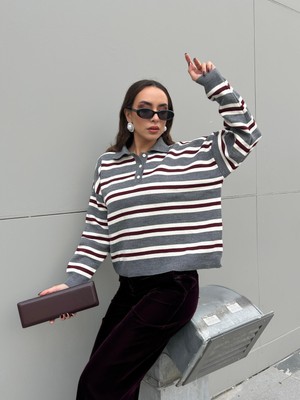 Minaaise Kadın Gri Triko Kazak Polo Yaka Çizgili Kazak 5259