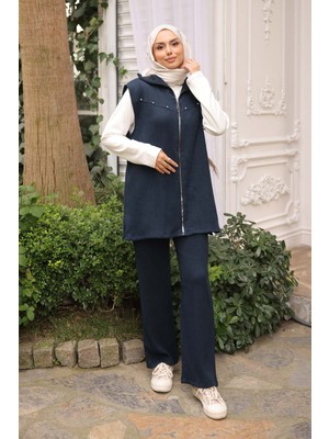 İmaj Butik Lacivert Fitilli Yelek Tunik Pantolonlu Üçlü Takım