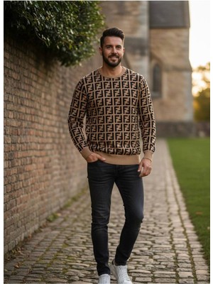 Yusgos Erkek Bisiklet Yaka Çelik Örgü Yüksek Kaliteli Harf Desenli Kazak