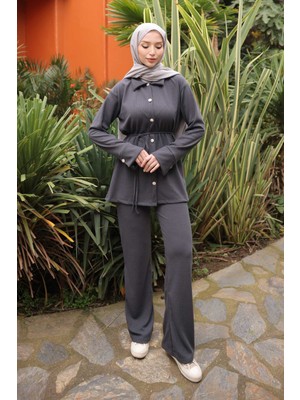 İmaj Butik Antrasit Fitilli Bel Bağlamalıı Tunik Pantolonlu Takım