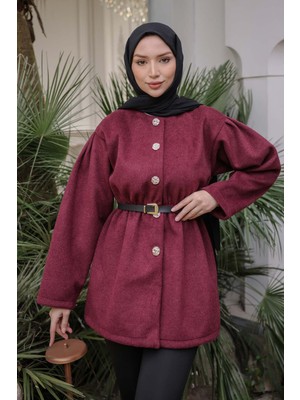 İmaj Butik Bordo Bel Lastikli Kemerli Kaşe Çeket