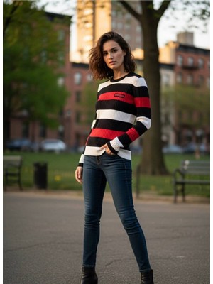 Yusgos Kadın Bisiklet Yaka Kalın Çizgili Çelik Örgü Yüksek Kaliteli Trik