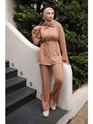 İmaj Butik Vizon Fitilli Bel Bağlamalıı Tunik Pantolonlu Takım