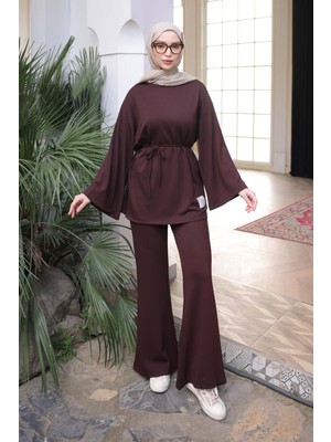 İmaj Butik Kahverengi Armalı Tunik Pantolonlu Modal Takım