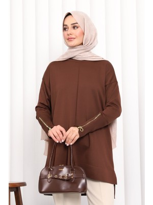 İmaj Butik Kahverengi Kol Fermuarlı Soğuk İplik Triko Tunik