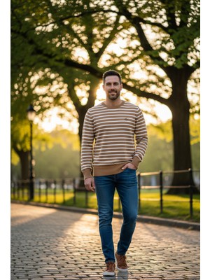 Yusgos Erkek Bisiklet Yaka Çelik Örgü Yüksek Kaliteli Çizgili Kazak